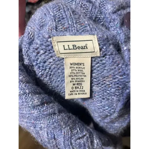 LL Bean Wool Cable Knit Cardigan Sweater Womens M Blue Fisherman Preppy Cottage - Picture 6 of 7